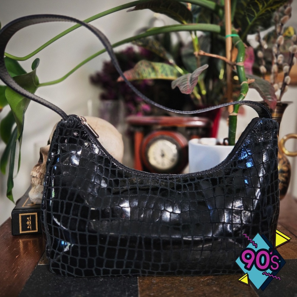 Gruppo Italiano Shoulder Bag Purse Vintage 90s Black Croc Embossed Leather Italy